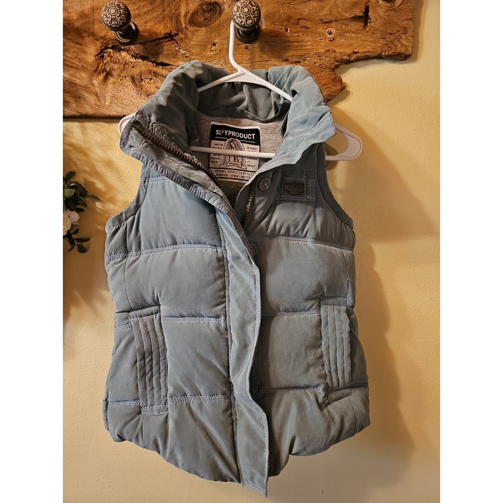 Y2K Sly Baroque Japan Women's S Hooded Puffer Vest Green Cotton Blend G1
